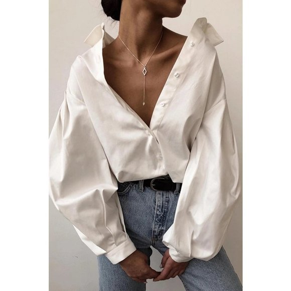 Solid Color Lapel Puff Sleeve Blouses - Picture 4 of 7